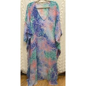 Sheer Colorful Mrs. Roper Kaftan‎ Beach Coverup OSFM Teal Pink Blue